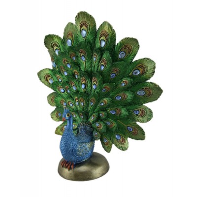 Zeckos Green Gold and Blue Sitting Peacock Showing Feathers Statue 724945156102  192523650673